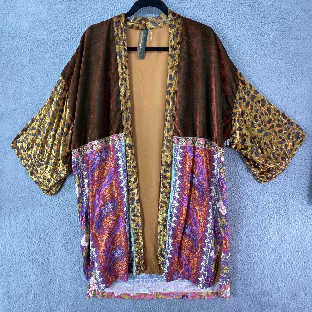 Aratta‎ Silent Journey Kimono Womens OS Rayon Leopard Floral Embroidered Boho